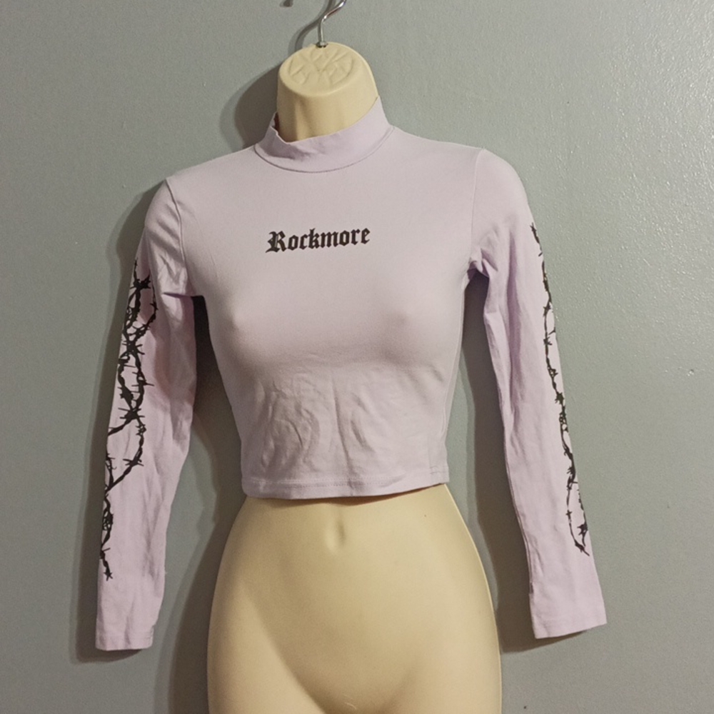 Non branded made in China purple and black print mock neck blouse